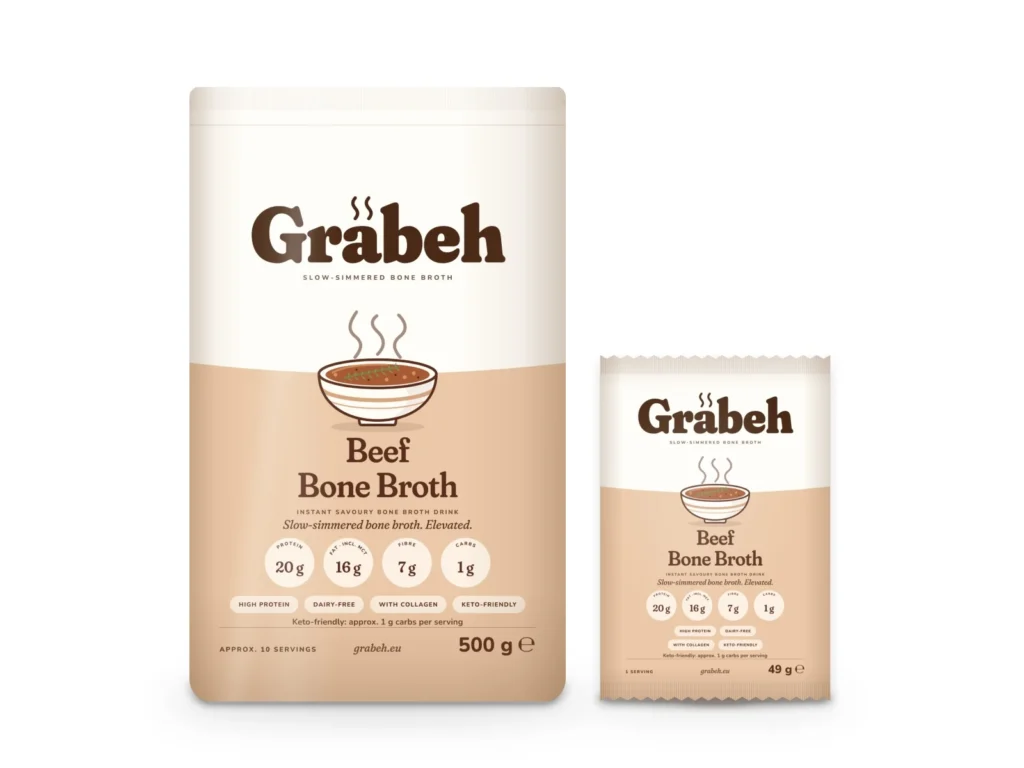 Grabeh Beef Bone Broth: 500 g pouch and 49 g single-serve sachet