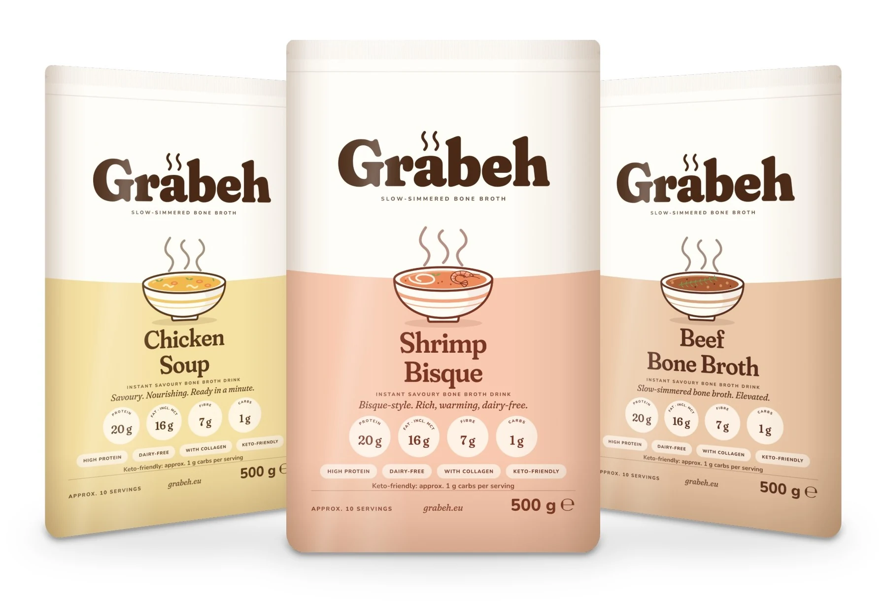 Grabeh Chicken Soup, Shrimp Bisque and Beef Bone Broth in 500 g pouches