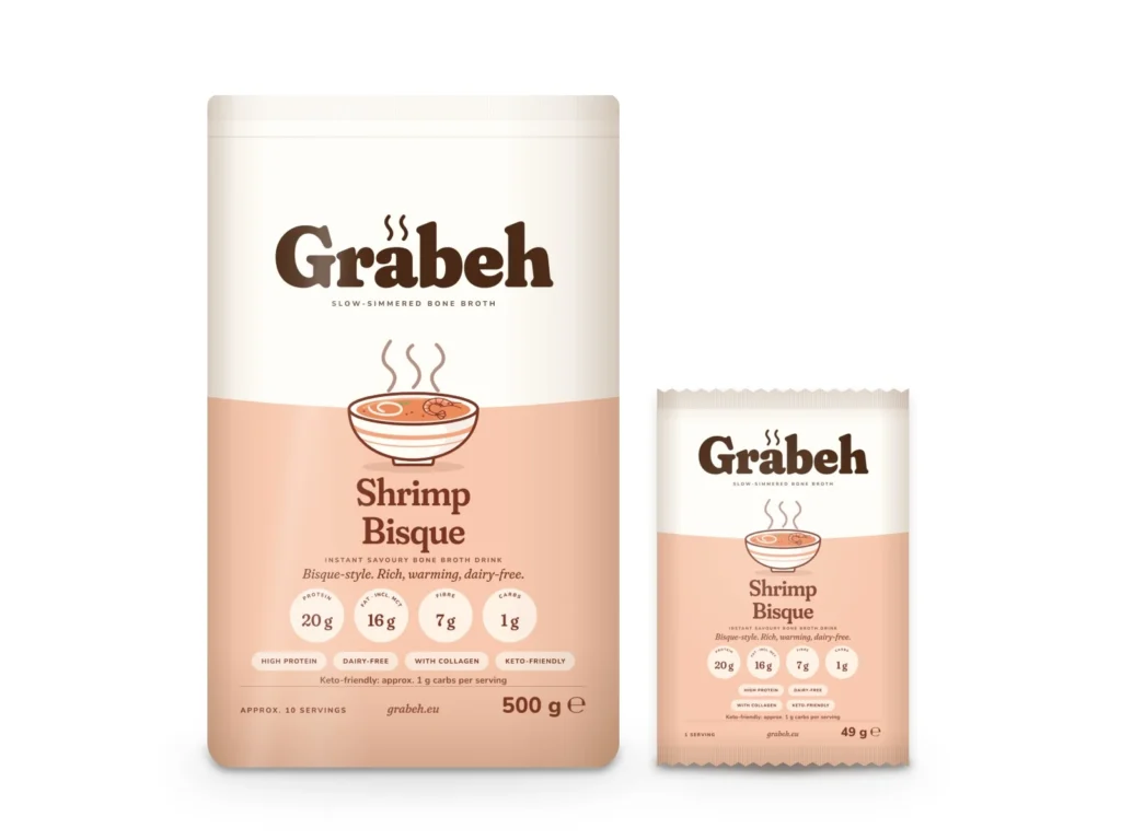 Grabeh Shrimp Bisque: 500 g pouch and 49 g single-serve sachet
